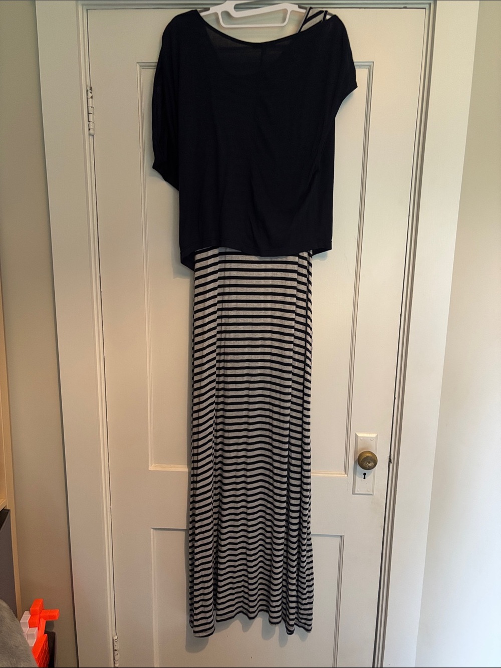 Vintage Anthropologie Bordeaux Navy Blue Striped Maxi Dress w/ overlay